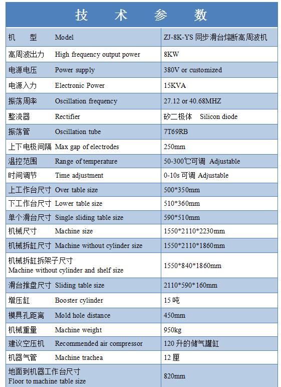 熱水袋同步熔斷高周波機(jī)參數(shù)